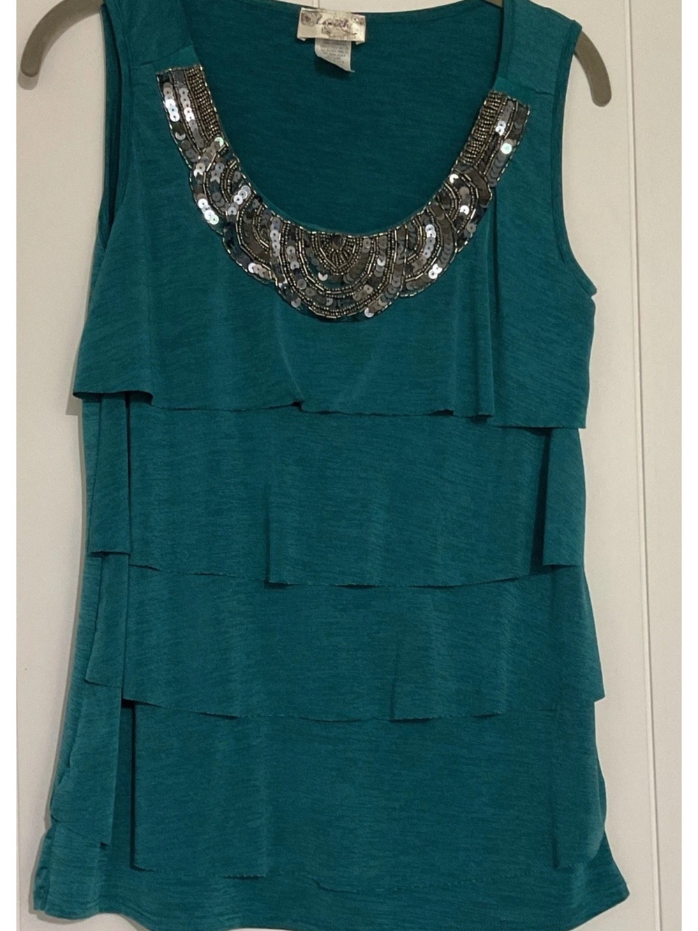 Lavish S Teal Tiered Sleeveless Tank with Sequin Neckline